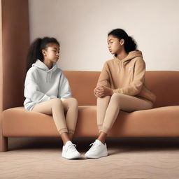 A young girl wearing Nike Pro sportswear sitting comfortably on a sofa