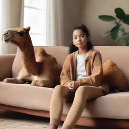 A young girl wearing Nike Pro sportswear sitting comfortably on a sofa