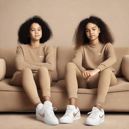 Two young girls wearing Nike Pro sportswear sitting comfortably on a sofa