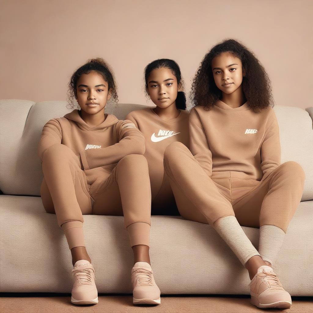 Two young girls wearing Nike Pro sportswear sitting comfortably on a sofa