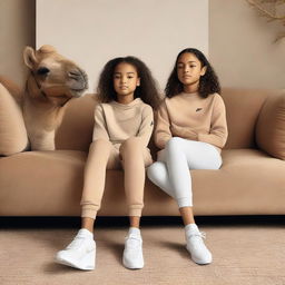 Two young girls wearing Nike Pro sportswear sitting comfortably on a sofa