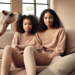 Two young girls wearing Nike Pro sportswear sitting comfortably on a sofa