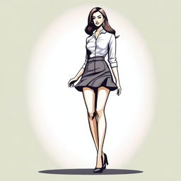 A full-body illustration of a woman wearing a micro skirt and high heels