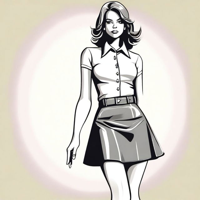 A full-body illustration of a woman wearing a micro skirt and high heels