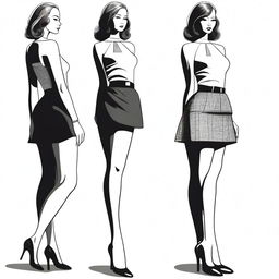 A full-body illustration of a woman wearing a micro skirt and high heels