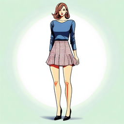 A full-body illustration of a woman wearing a micro skirt and high heels