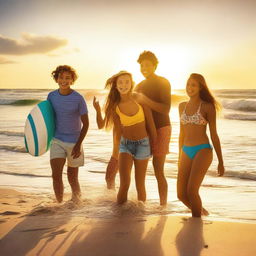 A vibrant and dreamy scene featuring a group of teenagers enjoying a sunny day at the beach