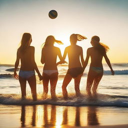 A vibrant and dreamy scene featuring a group of teenagers enjoying a sunny day at the beach