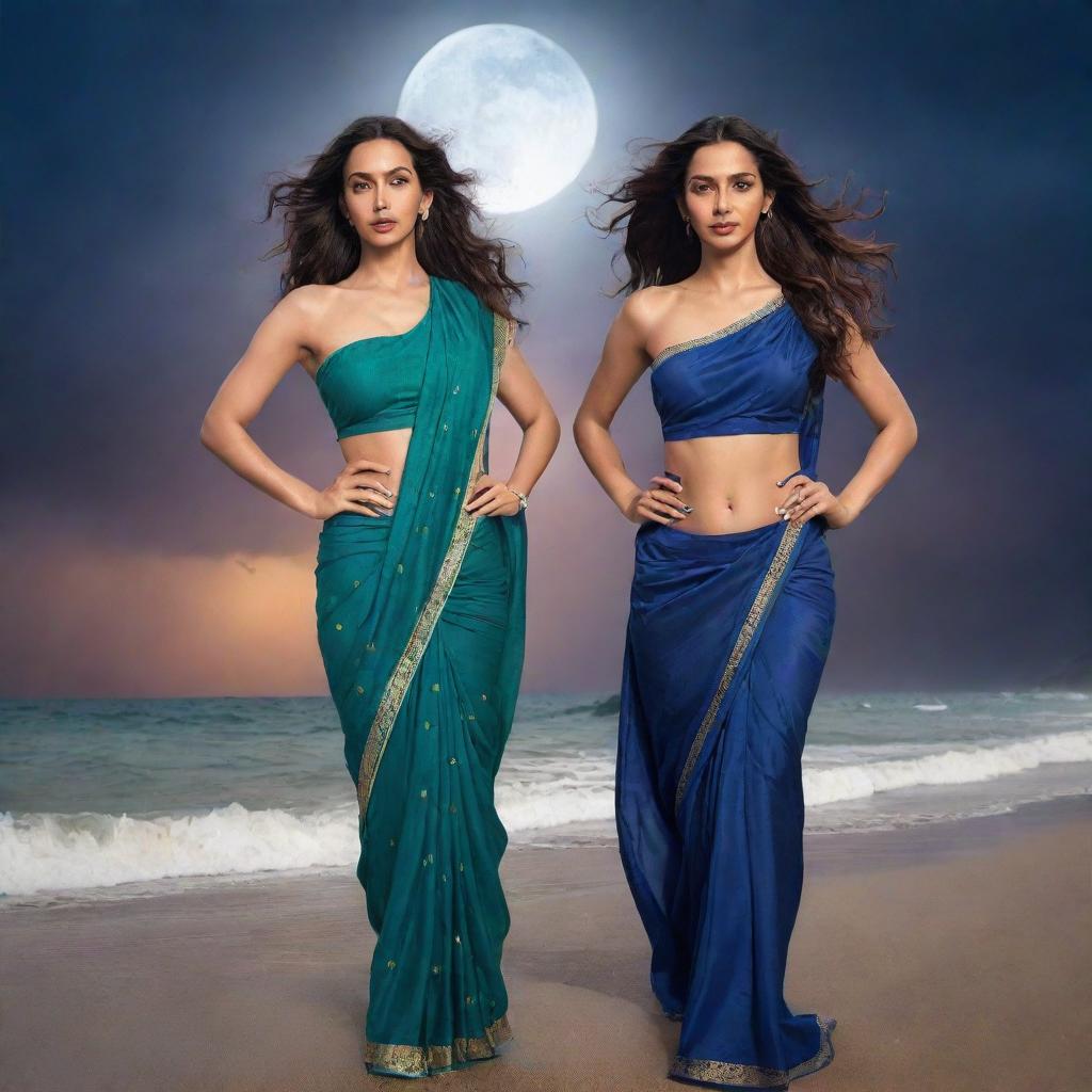 Disney-style illustration of Nora Fatehi in sports attire and Deepika Padukone in a saree on a beach during a stormy night. Lightning streaks across the sky with a half-covered moon prevalent.