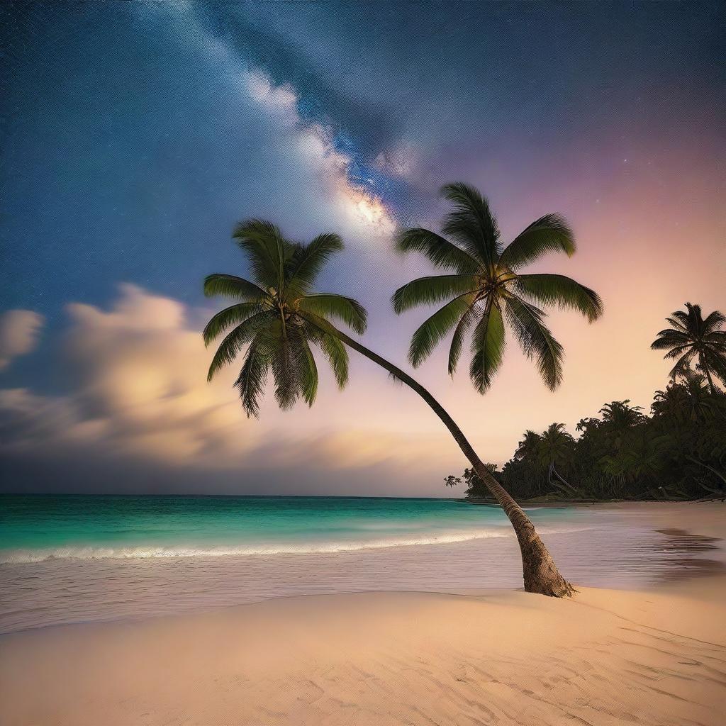 A serene and enchanting night scene of a tropical island with a sandy beach and tall palm trees