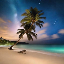 A serene and enchanting night scene of a tropical island with a sandy beach and tall palm trees