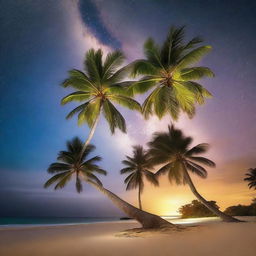 A serene and enchanting night scene of a tropical island with a sandy beach and tall palm trees