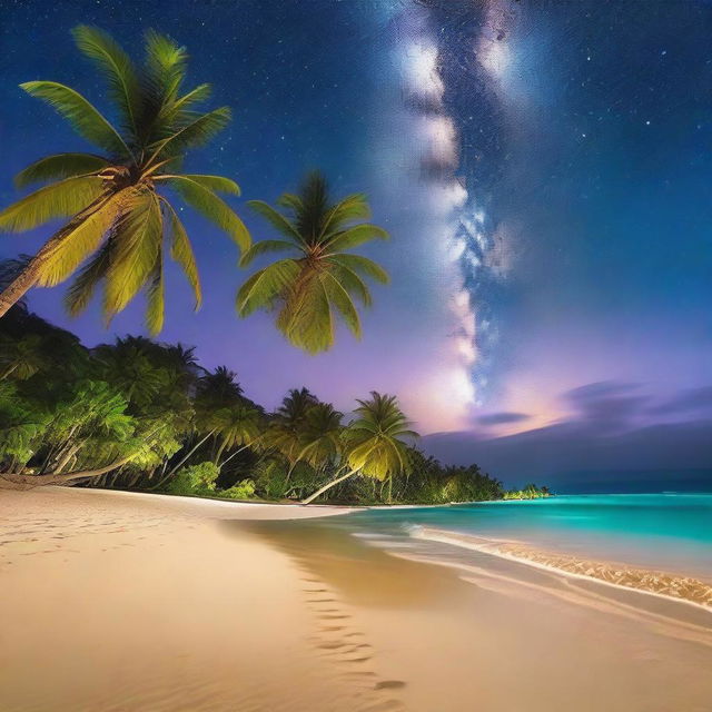 A serene and enchanting night scene of a tropical island with a sandy beach and tall palm trees