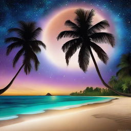 A serene and enchanting night scene of a tropical island inspired by the movie 'Contact,' featuring a sandy beach and tall palm trees