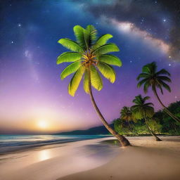 A serene and enchanting night scene of a tropical island inspired by the movie 'Contact,' featuring a sandy beach and tall palm trees