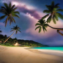 A serene and enchanting night scene of a tropical island inspired by the movie 'Contact,' featuring a sandy beach and tall palm trees