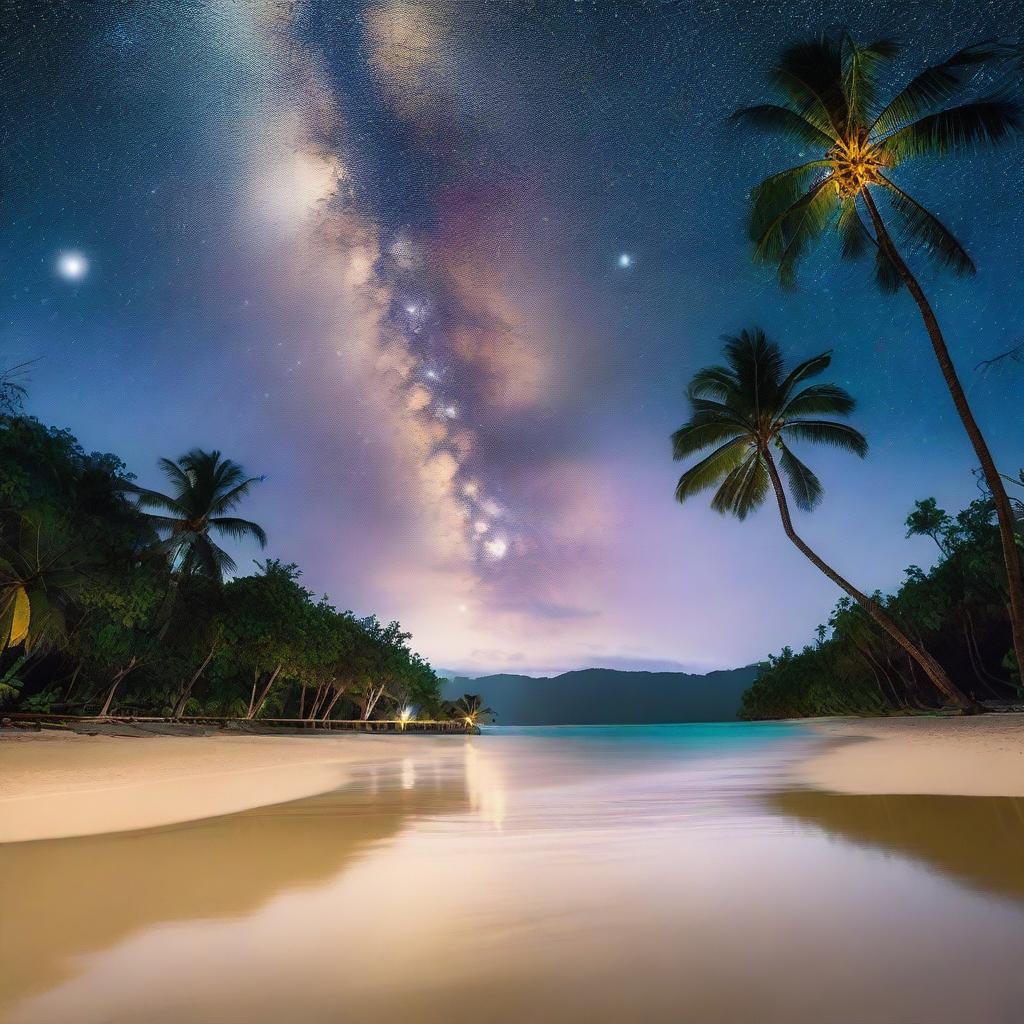 A serene and enchanting night scene of a tropical island inspired by the movie 'Contact,' featuring a sandy beach and tall palm trees