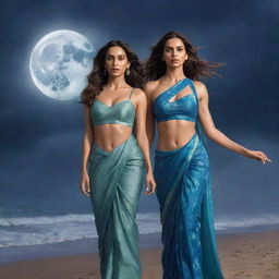 Disney-style illustration of Nora Fatehi in sports attire and Deepika Padukone in a saree on a beach during a stormy night. Lightning streaks across the sky with a half-covered moon prevalent.