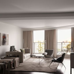 A modern, spacious apartment with a sleek contemporary design style, including minimalist furniture and high-end finish