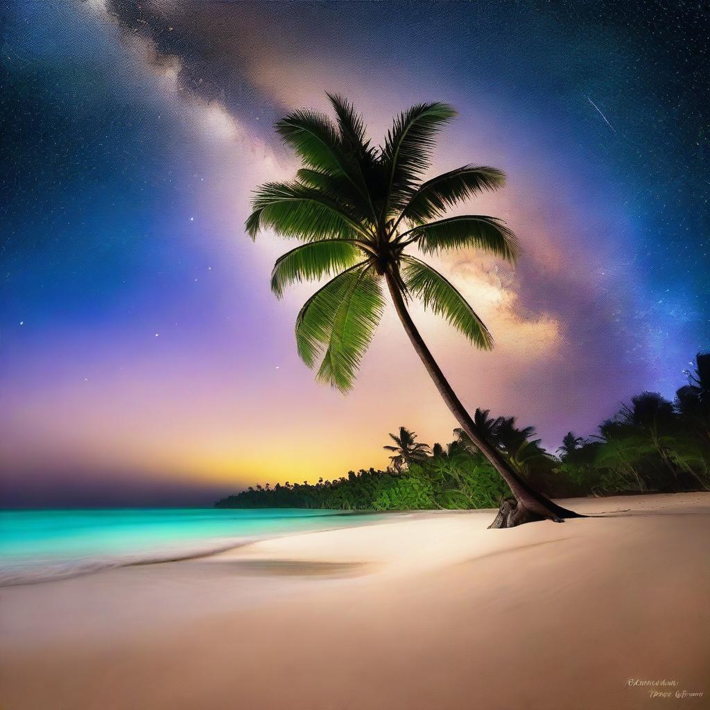 A serene and enchanting night scene of a tropical island inspired by the movie 'Contact,' featuring a sandy beach and tall palm trees