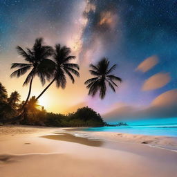 A serene and enchanting night scene of a tropical island inspired by the movie 'Contact,' featuring a sandy beach and tall palm trees