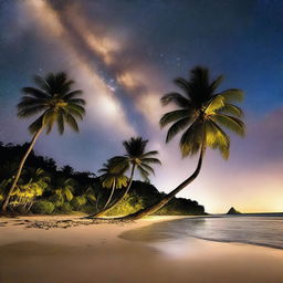 A serene and enchanting night scene of a tropical island inspired by the movie 'Contact,' featuring a sandy beach and tall palm trees