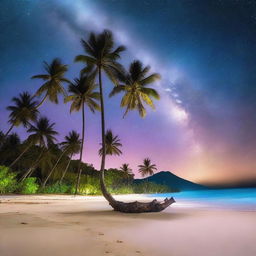 A serene and enchanting night scene of a tropical island inspired by the movie 'Contact,' featuring a sandy beach and tall palm trees