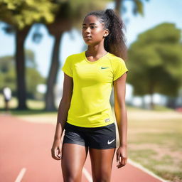 A young girl wearing Nike Pro shorts, standing confidently in an athletic pose
