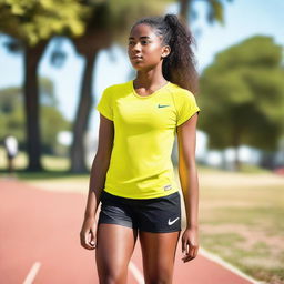 A young girl wearing Nike Pro shorts, standing confidently in an athletic pose