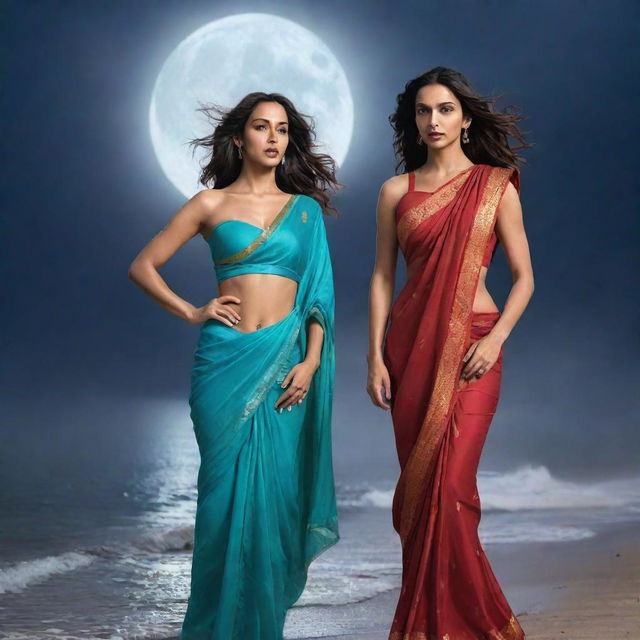 Disney-style illustration of Nora Fatehi in sports attire and Deepika Padukone in a saree on a beach during a stormy night. Lightning streaks across the sky with a half-covered moon prevalent.