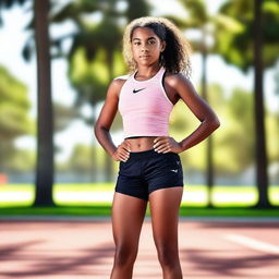 A young girl wearing Nike Pro shorts, standing confidently in an athletic pose