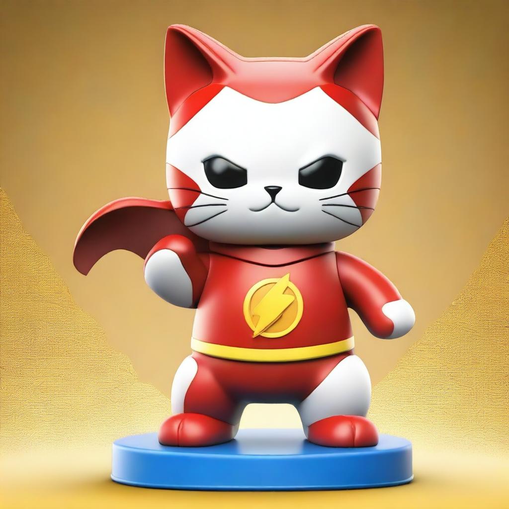 A maneki neko, the Japanese lucky cat, dressed in a costume of The Flash, the famous superhero