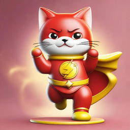 A maneki neko, the Japanese lucky cat, dressed in a costume of The Flash, the famous superhero