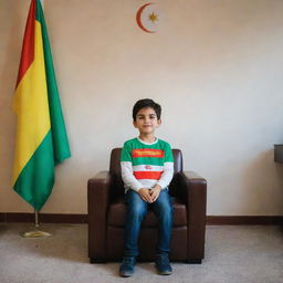 A young boy sitting comfortably on a chair in a private, well-lit room. He is facing the camera with a backdrop of the vibrant Kurdistan flag proudly displaying the name 'Rekan'. The atmosphere exudes a mix of warmth, pride, and tranquility.