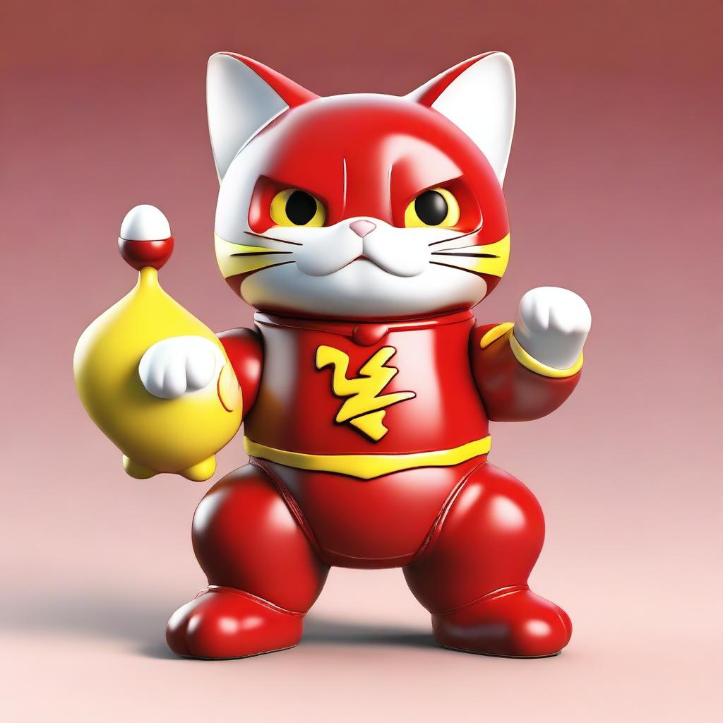 A maneki neko, the Japanese lucky cat, dressed in a costume of The Flash, the famous superhero