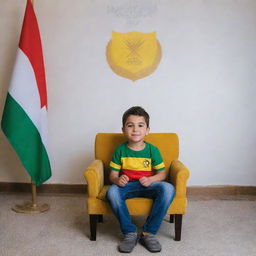 A young boy sitting comfortably on a chair in a private, well-lit room. He is facing the camera with a backdrop of the vibrant Kurdistan flag proudly displaying the name 'Rekan'. The atmosphere exudes a mix of warmth, pride, and tranquility.