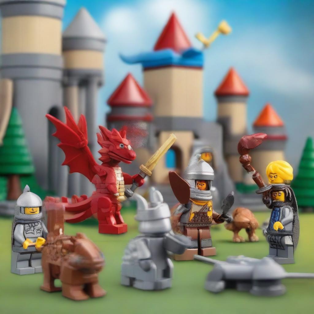 A detailed and vibrant image of LEGO characters in a fantasy adventure setting, featuring knights, dragons, and a medieval castle