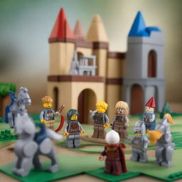 A detailed and vibrant image of LEGO characters in a fantasy adventure setting, featuring knights, dragons, and a medieval castle