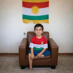 A young boy sitting comfortably on a chair in a private, well-lit room. He is facing the camera with a backdrop of the vibrant Kurdistan flag proudly displaying the name 'Rekan'. The atmosphere exudes a mix of warmth, pride, and tranquility.