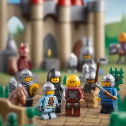 A detailed and vibrant image of LEGO characters in a fantasy adventure setting, featuring knights, dragons, and a medieval castle