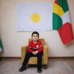 A young boy sitting comfortably on a chair in a private, well-lit room. He is facing the camera with a backdrop of the vibrant Kurdistan flag proudly displaying the name 'Rekan'. The atmosphere exudes a mix of warmth, pride, and tranquility.