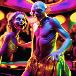 A whimsical and detailed image of Gollum from The Lord of the Rings dancing with a glamorous drag queen