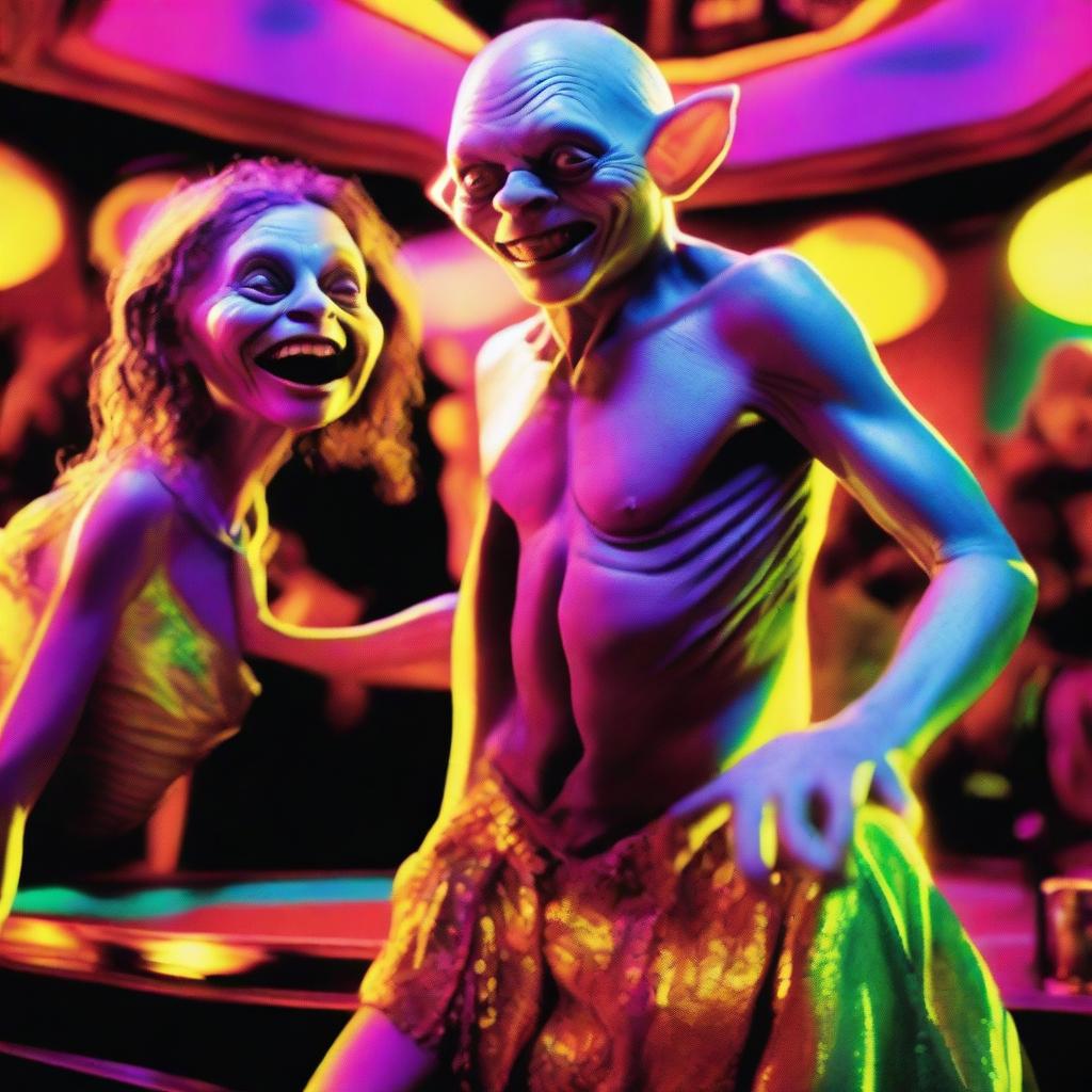 A whimsical and detailed image of Gollum from The Lord of the Rings dancing with a glamorous drag queen