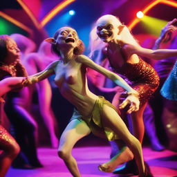 A whimsical and detailed image of Gollum from The Lord of the Rings dancing with a glamorous drag queen