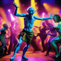 A whimsical and detailed image of Gollum from The Lord of the Rings dancing with a glamorous drag queen