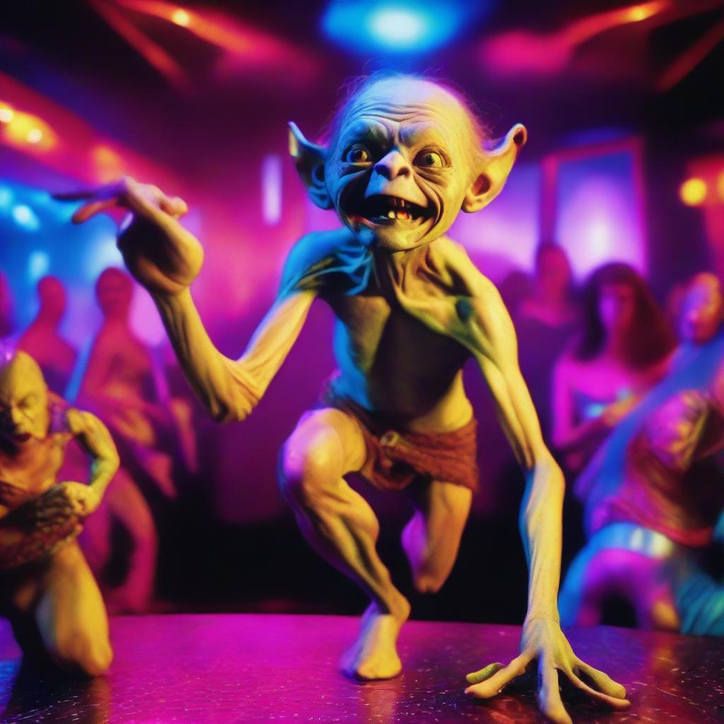 A whimsical and detailed image of Gollum from The Lord of the Rings dancing with a glamorous drag queen