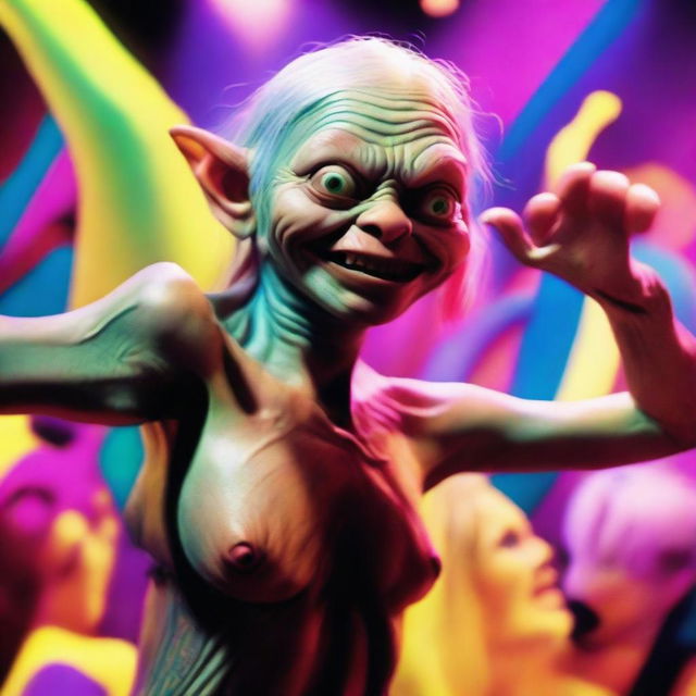 A whimsical and detailed image of Gollum from The Lord of the Rings dancing with a glamorous drag queen