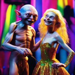 A whimsical and detailed image of Gollum from The Lord of the Rings dancing with a glamorous drag queen