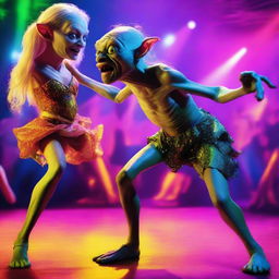 A whimsical and detailed image of Gollum from The Lord of the Rings dancing with a glamorous drag queen