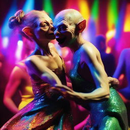 A whimsical and detailed image of Gollum from The Lord of the Rings dancing with a glamorous drag queen